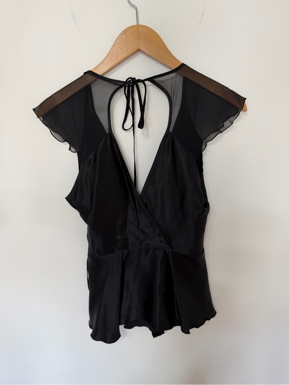 Arden B 100% Silk Black Wrap Top Sheer Flutter Sleeve Tie Waist Open Back Shirt